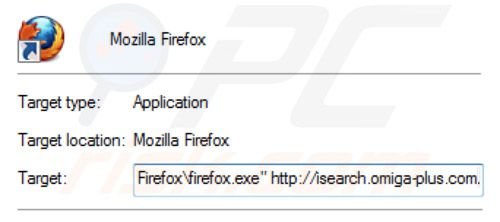 Eliminar el virus que redirecciona a inspsearch.com del destino del acceso directo de Mozilla Firefox paso 2