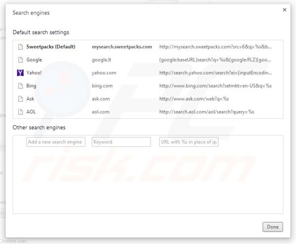 Eliminando mysearch.sweetpacks.com de la configuración del motor de búsqueda por defecto de Google Chrome