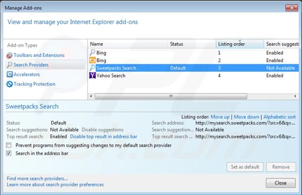 Eliminar Mysearch.sweetpacks.com de la configuración del motor de búsqueda por defecto de Internet Explorer