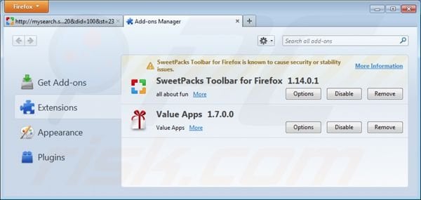 Eliminando mysearch.sweetpacks.com de las extensiones de Mozilla Firefox