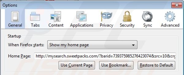 Eliminando mysearch.sweetpacks.com de la página de inicio de Mozilla Firefox