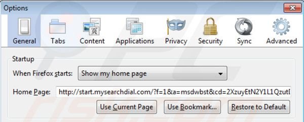 Eliminando mysearchdial.com de la página de inicio de Mozilla Firefox