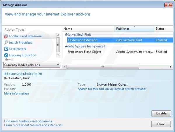 Eliminando Pirrit Suggestor de Internet Explorer paso 2