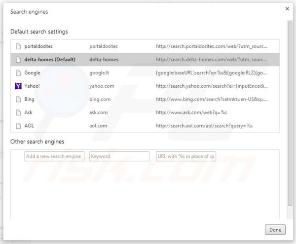 Eliminando portaldosites.com de la configuración del motor de búsqueda por defecto de Google Chrome