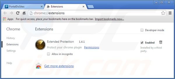 Eliminando portaldosites.com de las extensiones de Google Chrome