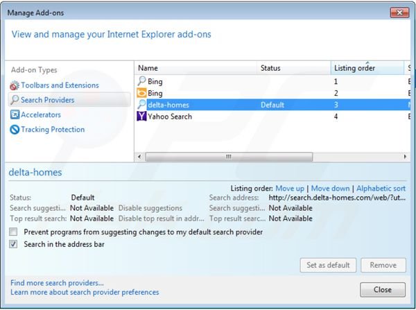 Eliminar portaldosites.com de la configuración del motor de búsqueda por defecto de Internet Explorer