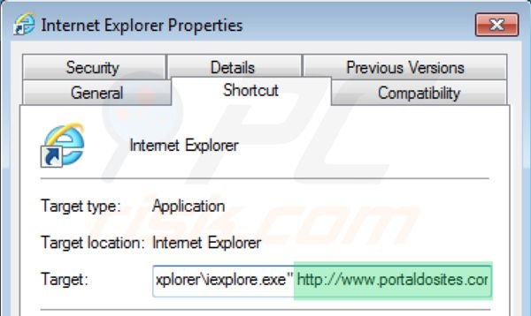 Eliminar portaldosites.com del destino del acceso directo de Internet Explorer paso 2