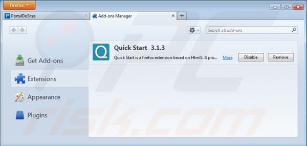 Eliminando portaldosites.com de las extensiones de Mozilla Firefox
