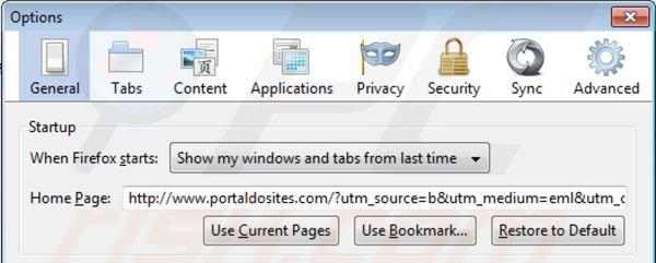 Eliminando portaldosites.com de la página de inicio de Mozilla Firefox