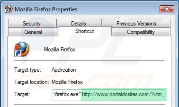 Eliminar portaldosites.com del destino del acceso directo de Mozilla Firefox paso 2