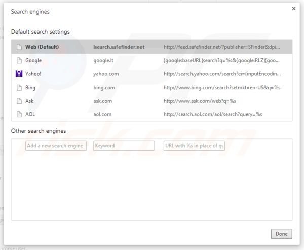 Eliminando isearch.safefinder.net de la configuración del motor de búsqueda por defecto de Google Chrome