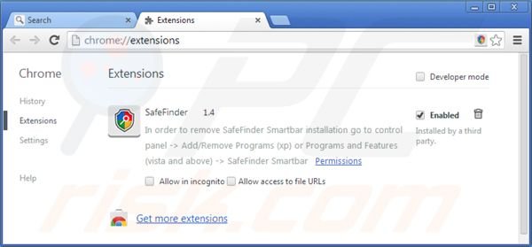 Eliminando isearch.safefinder.net de las extensiones de Google Chrome
