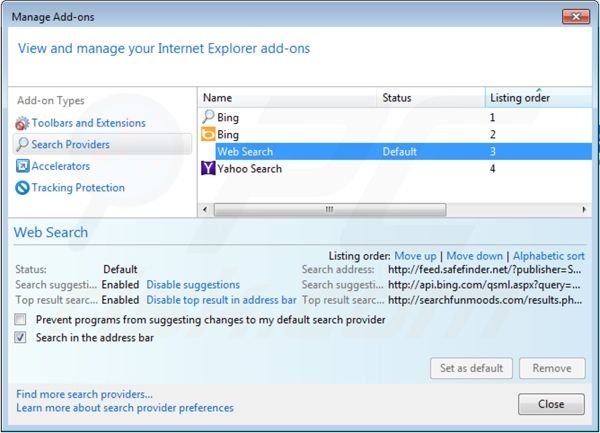 Eliminando isearch.safefinder.net de la configuración del motor de búsqueda por defecto de Internet Explorer