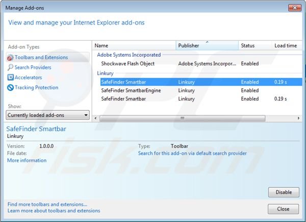 Eliminando isearch.safefinder.net de las extensiones de Internet Explorer