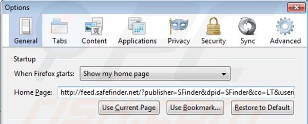 Eliminando isearch.safefinder.net de la página de inicio de Mozilla Firefox