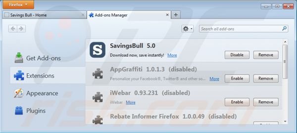 Eliminando Savings Bull de Mozilla Firefox paso 2