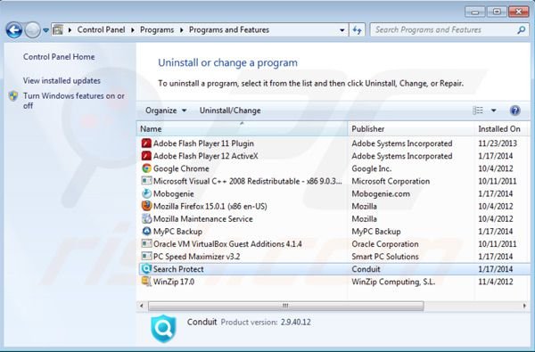 desinstalar Search Protect by Conduit del Panel de control