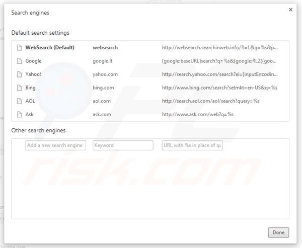 Eliminando Websearch.searchinweb.info de la configuración del motor de búsqueda por defecto de Google Chrome