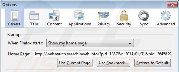 Eliminando websearch.searchinweb.info de la página de inicio de Mozilla Firefox