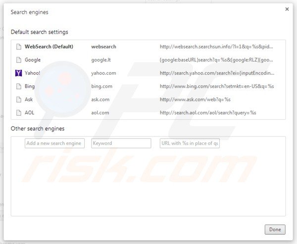 Eliminando websearch.searchsun.info de la configuración del motor de búsqueda por defecto de Google Chrome