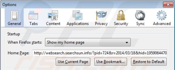 Eliminando websearch.searchsun.info de la página de inicio de Mozilla Firefox