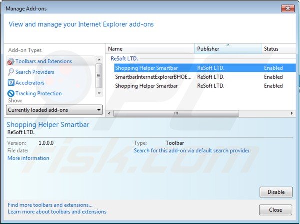 Eliminando shopping helper smartbar de las extensiones de Internet Explorer