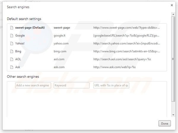 Eliminando sweet-page.com de la configuración del motor de búsqueda por defecto de Google Chrome