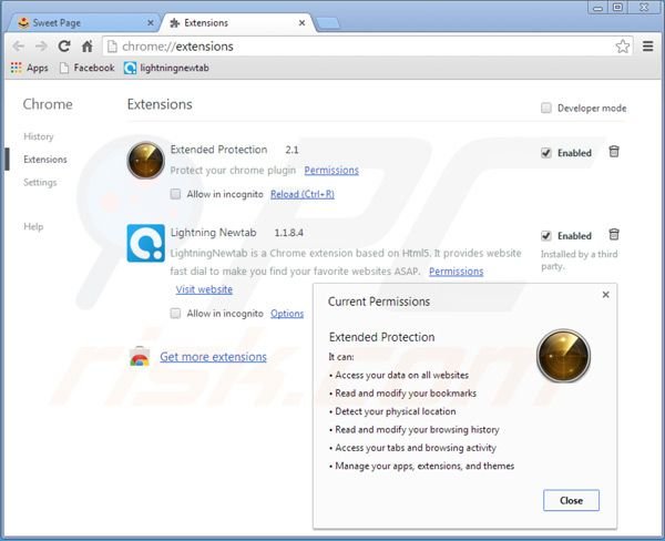 Eliminando sweet-page.com de las extensiones de Google Chrome