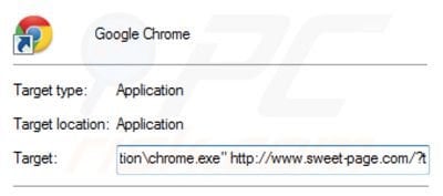 Eliminar sweet-page.com del destino del acceso directo de Google Chrome paso 2