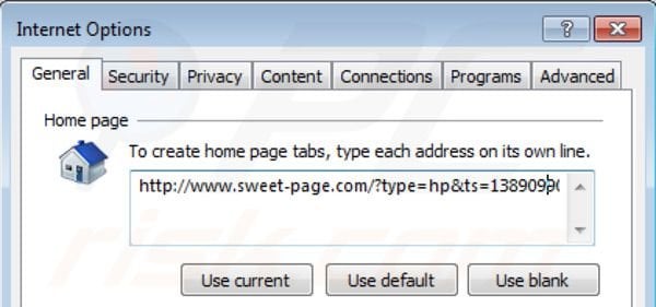 Eliminando sweet-page.com de la página de inicio de Internet Explorer