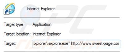 Eliminar sweet-page.com del destino del acceso directo de Internet Explorer paso 2