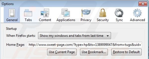 Eliminando sweet-page.com de la página de inicio de Mozilla Firefox