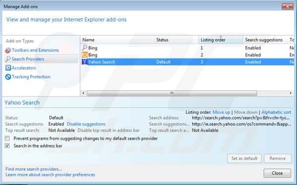 Eliminar la barra de yahoo de la configuración del motor de búsqueda por defecto de Internet Explorer