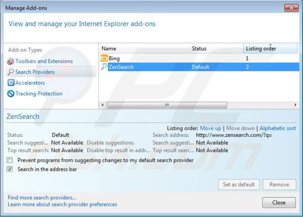 Eliminar zensearch.com de la configuración del motor de búsqueda por defecto de Internet Explorer