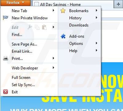 Eliminando los anuncios de All Day Savings de Mozilla Firefox paso 1