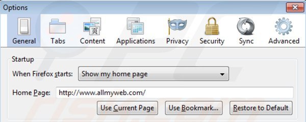 Eliminando allmyweb.com de la página de inicio de Mozilla Firefox