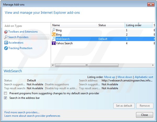 Eliminar websearch.amaizingsearches.info del motor de búsqueda por defecto de Internet Explorer