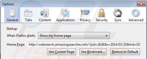 Eliminando websearch.amaizingsearches.info de la página de inicio de Mozilla Firefox