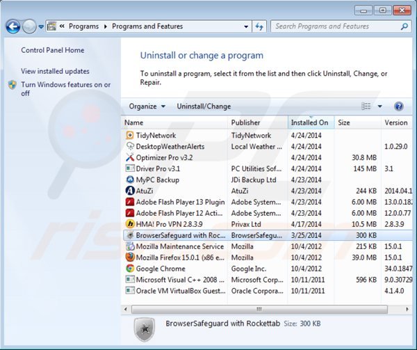 desinstalar browsersafeguard a través del Panel de control
