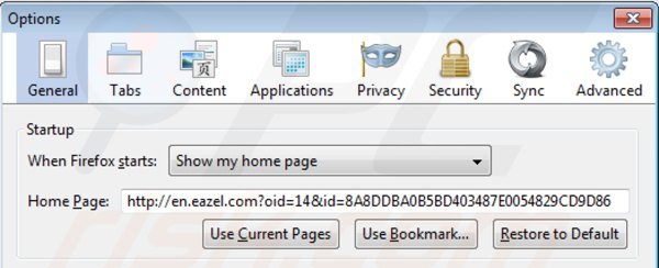 Eliminando eazel.com de la página de inicio de Mozilla Firefox