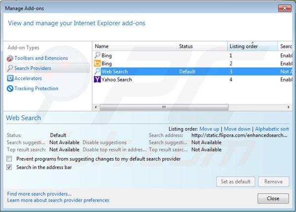 Eliminar static.flipora.com del motor de búsqueda por defecto de Internet Explorer