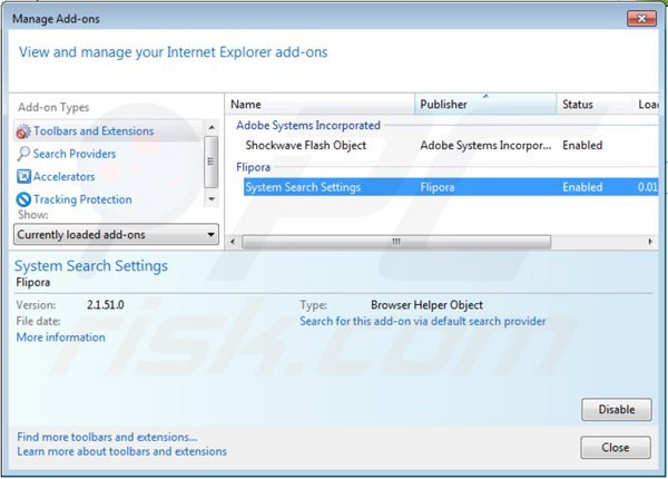 Eliminando static.flipora.com de las extensiones de Internet Explorer