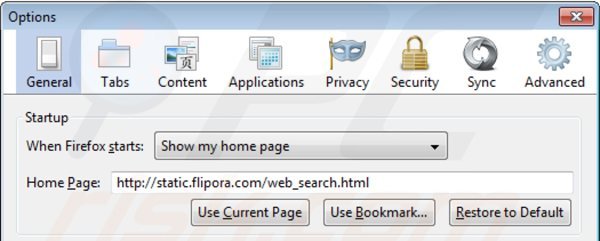 Eliminando static.flipora.com de la página de inicio de Mozilla Firefox
