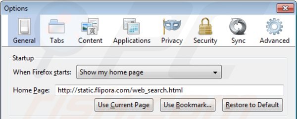 Eliminando static.flipora.com de la página de inicio de Mozilla Firefox