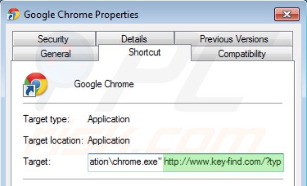 Eliminar key-find.com del destino del acceso directo de Google Chrome paso 2