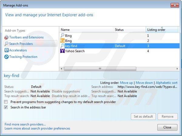 Eliminar key-find.com de la configuración del motor de búsqueda por defecto de Internet Explorer
