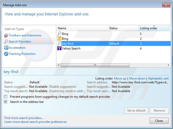 Eliminar key-find.com de la configuración del motor de búsqueda por defecto de Internet Explorer