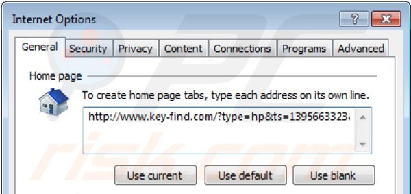 Eliminando key-find.com de la página de inicio de Internet Explorer