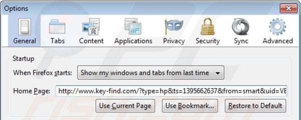 Eliminando key-find.com de la página de inicio de Mozilla Firefox