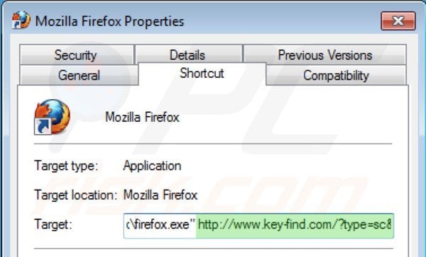 Eliminar key-find.com del destino del acceso directo de Mozilla Firefox paso 2